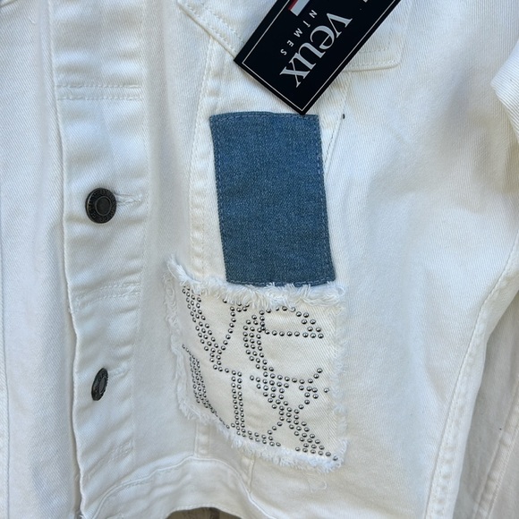 NWT Si Tu Veux White Collage Denim Jacket Sz Large Luxury Denim - Picture 5 of 10
